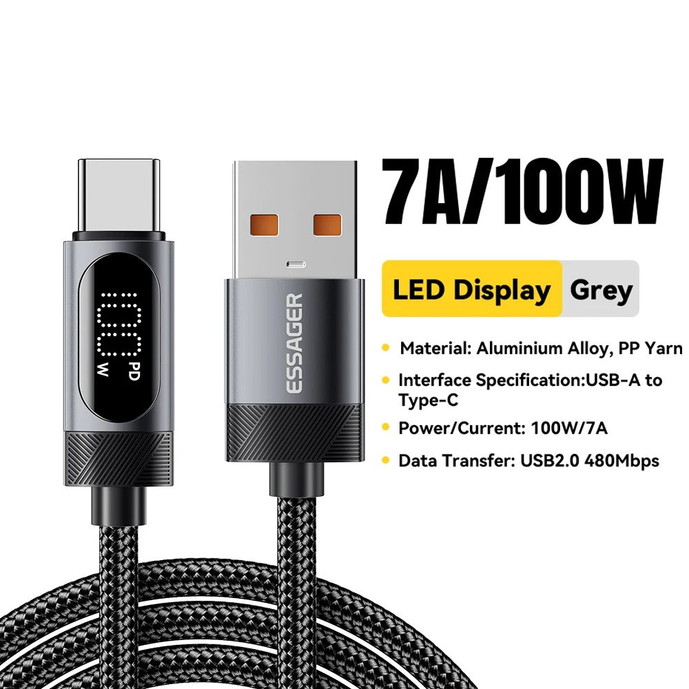 Digital Display USB C Cable For iPhone, Huawei 100W PD Fast Charging