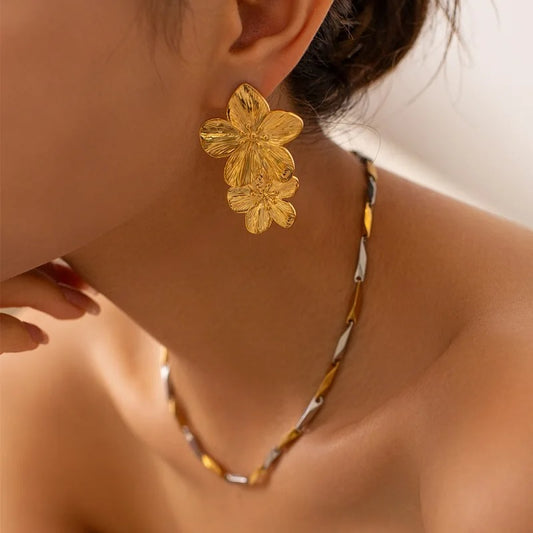 Metal Gold Color Flower Big Earrings For Women Fashion
