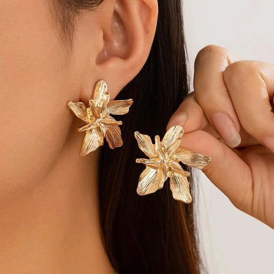 Metal Gold Color Flower Big Earrings For Women Fashion