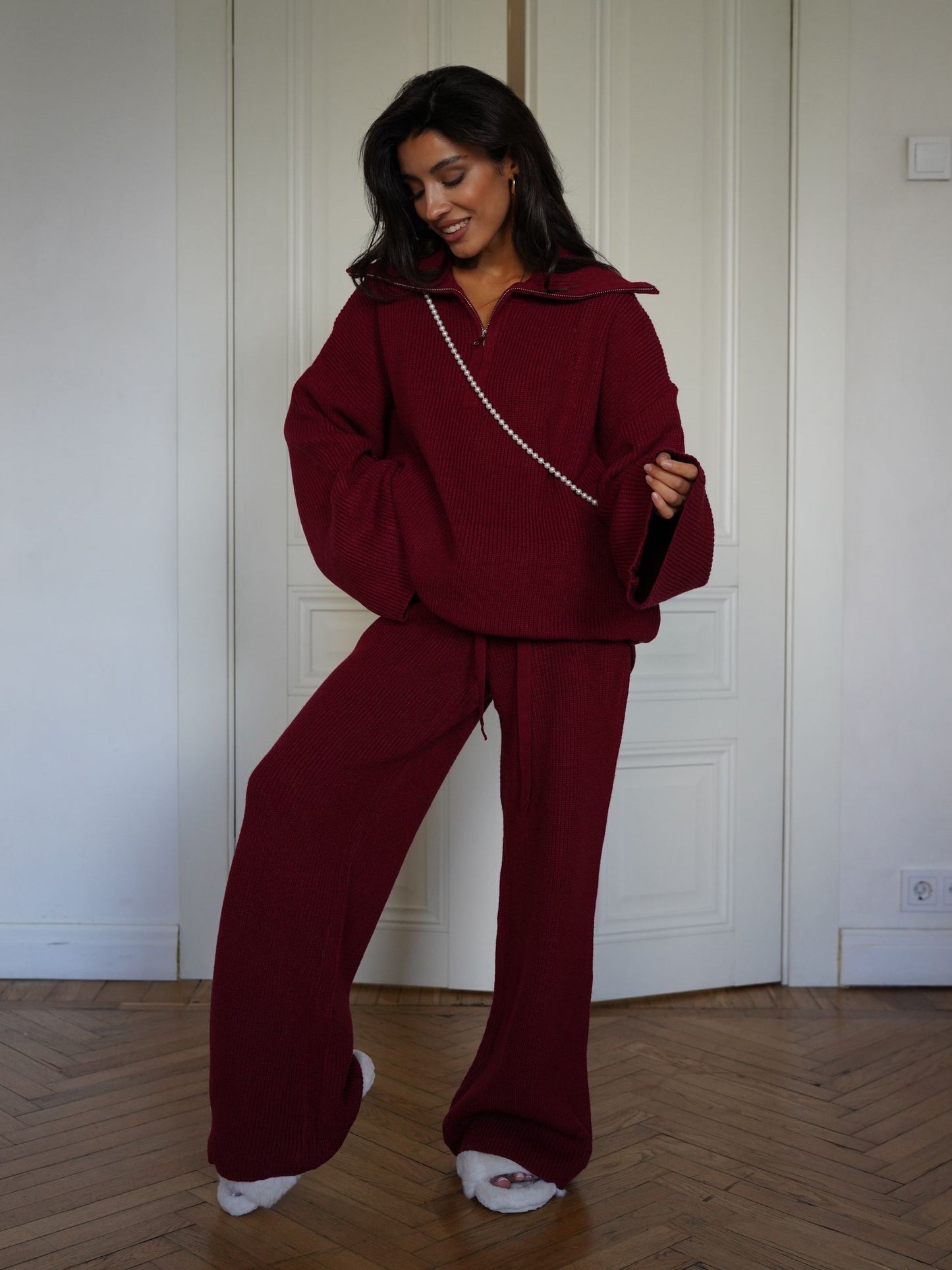 Woolen Suit Solid Color Half Zip Top Two Piece Set