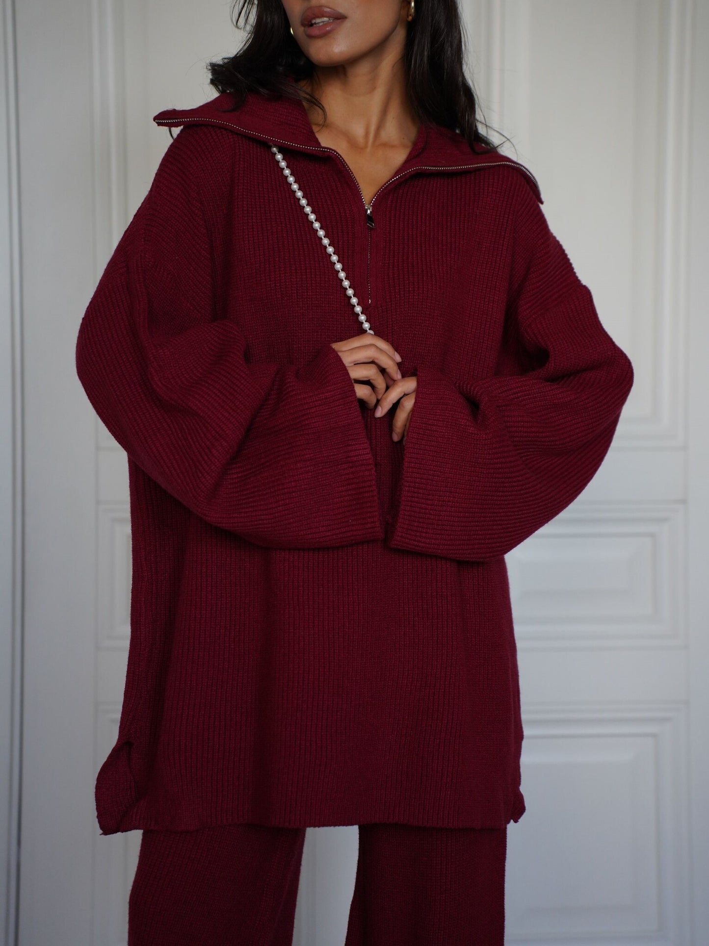Woolen Suit Solid Color Half Zip Top Two Piece Set