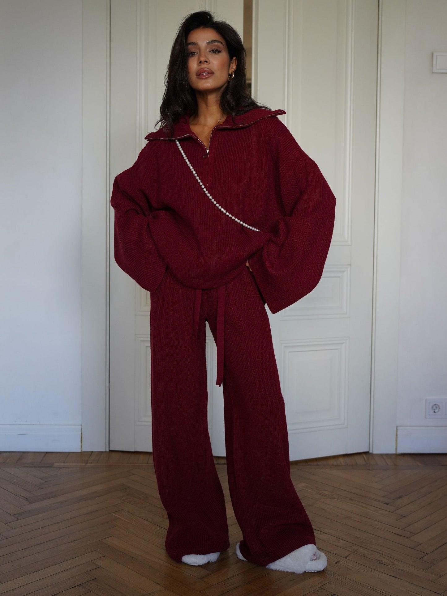 Woolen Suit Solid Color Half Zip Top Two Piece Set