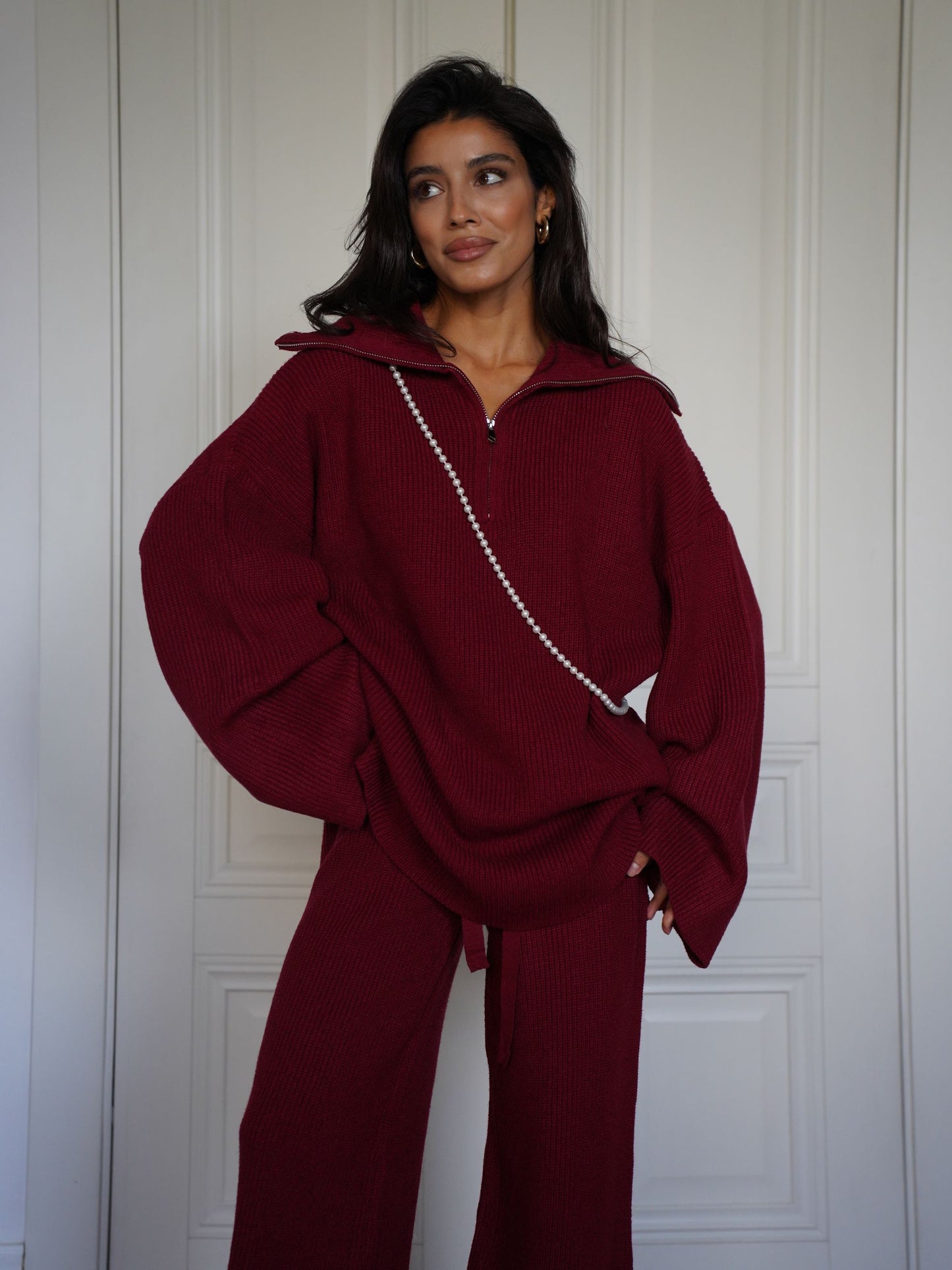 Woolen Suit Solid Color Half Zip Top Two Piece Set