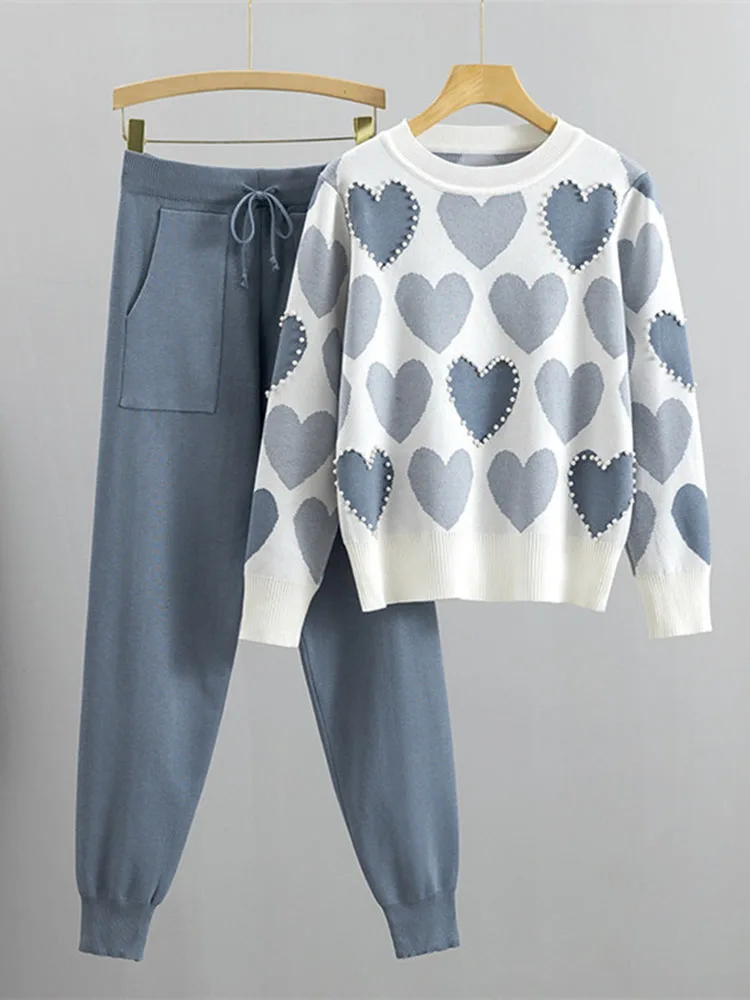 Casual Print Knit Sweater 2 Pieces Sets