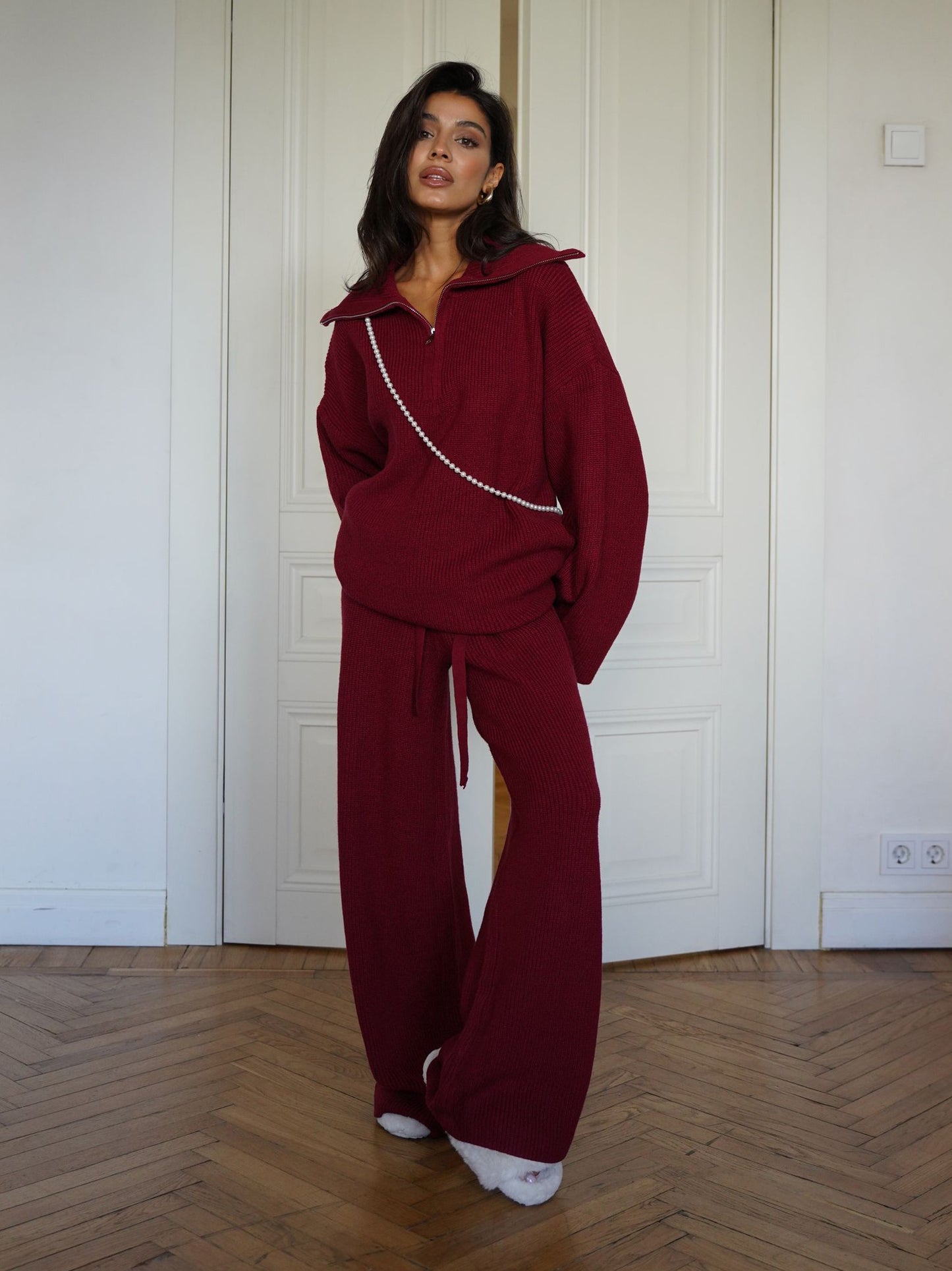 Woolen Suit Solid Color Half Zip Top Two Piece Set