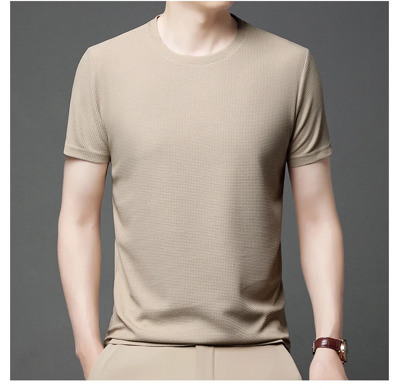 New Summer Waffle Round Neck Short Sleeved T-shirt for Men