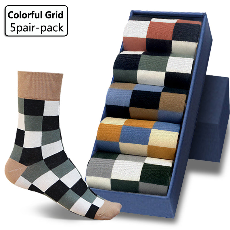 5Pair-pack New Men's Socks Colorful Grid Sock