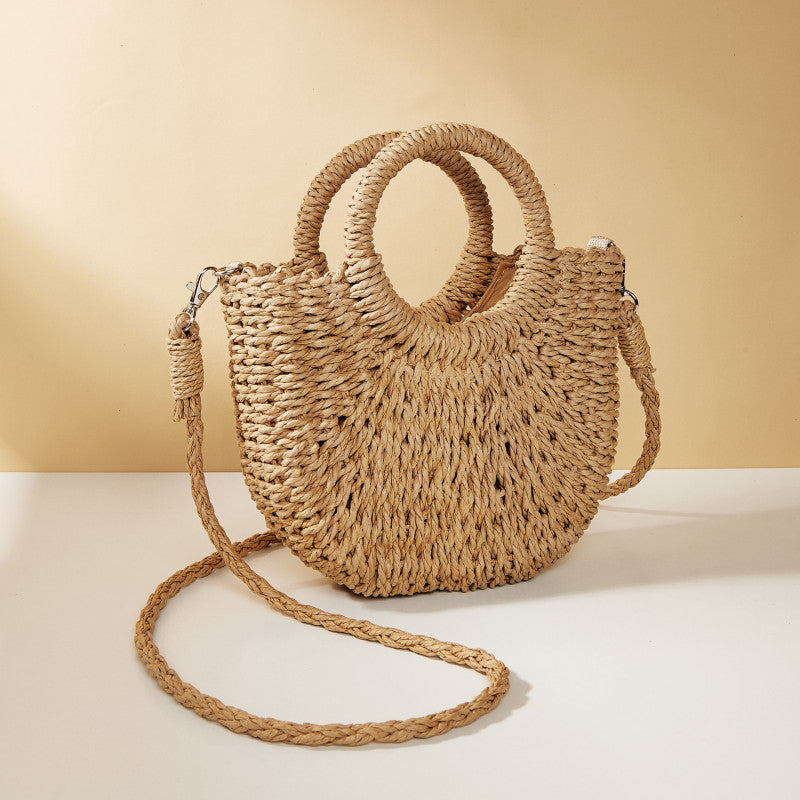 Handwoven Straw Rattan Half-Moon Beach Handbag