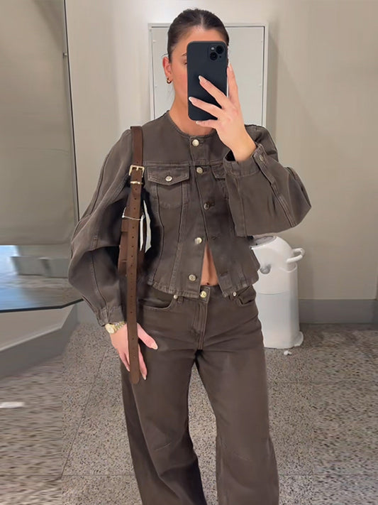 Denim Crop Pants Sets Women Vintage O-neck