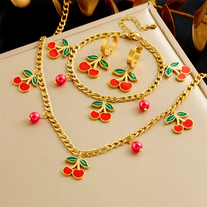 Stainless Steel Red Cherry Fruit Pendant Necklace Earrings Bracelet Set