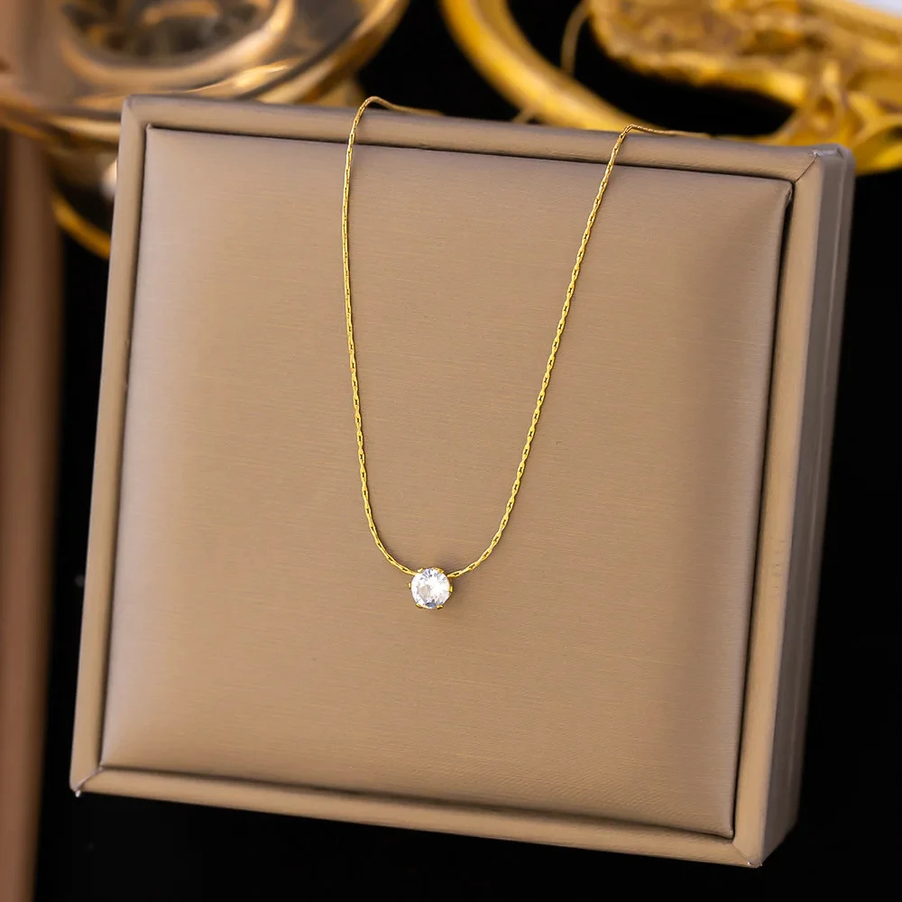 Stainless Steel Shiny Clear Zircon Necklace for Women