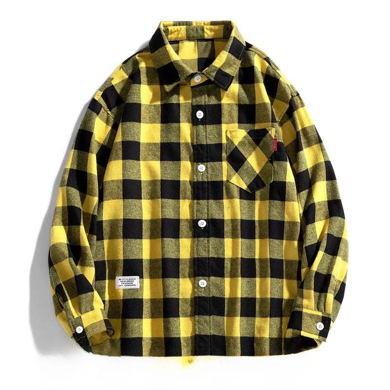 Slim Fit Plaid Shirt Thin Long Sleeve Spring Autumn Fashion Japanese Style