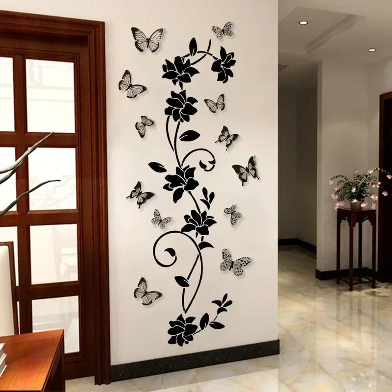Black Flower Vine 3D Butterfly Wall Sticker Background Wall Bedroom
