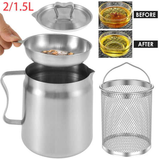 Oil Filter Pot Stainless Steel Oil Strainer Pot with Fine Mesh Strainer