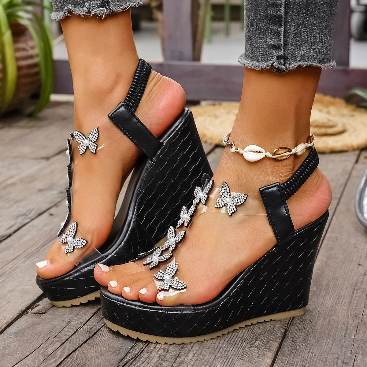Elegant Pearl Bowtie Wedge Sandals Women