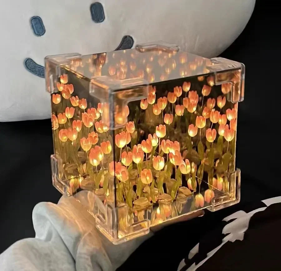 DIY Handmade Tulip Mirror Cube Lamp Simulation Flower