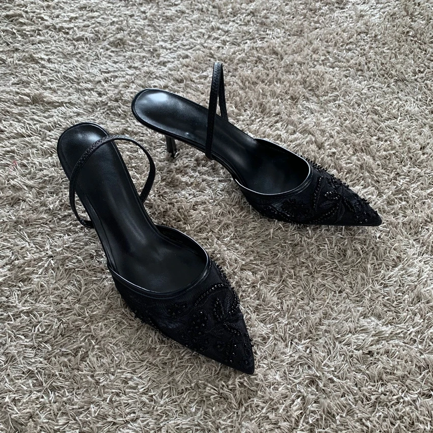 Mesh Embroidered Thin High Heels Sandals Women