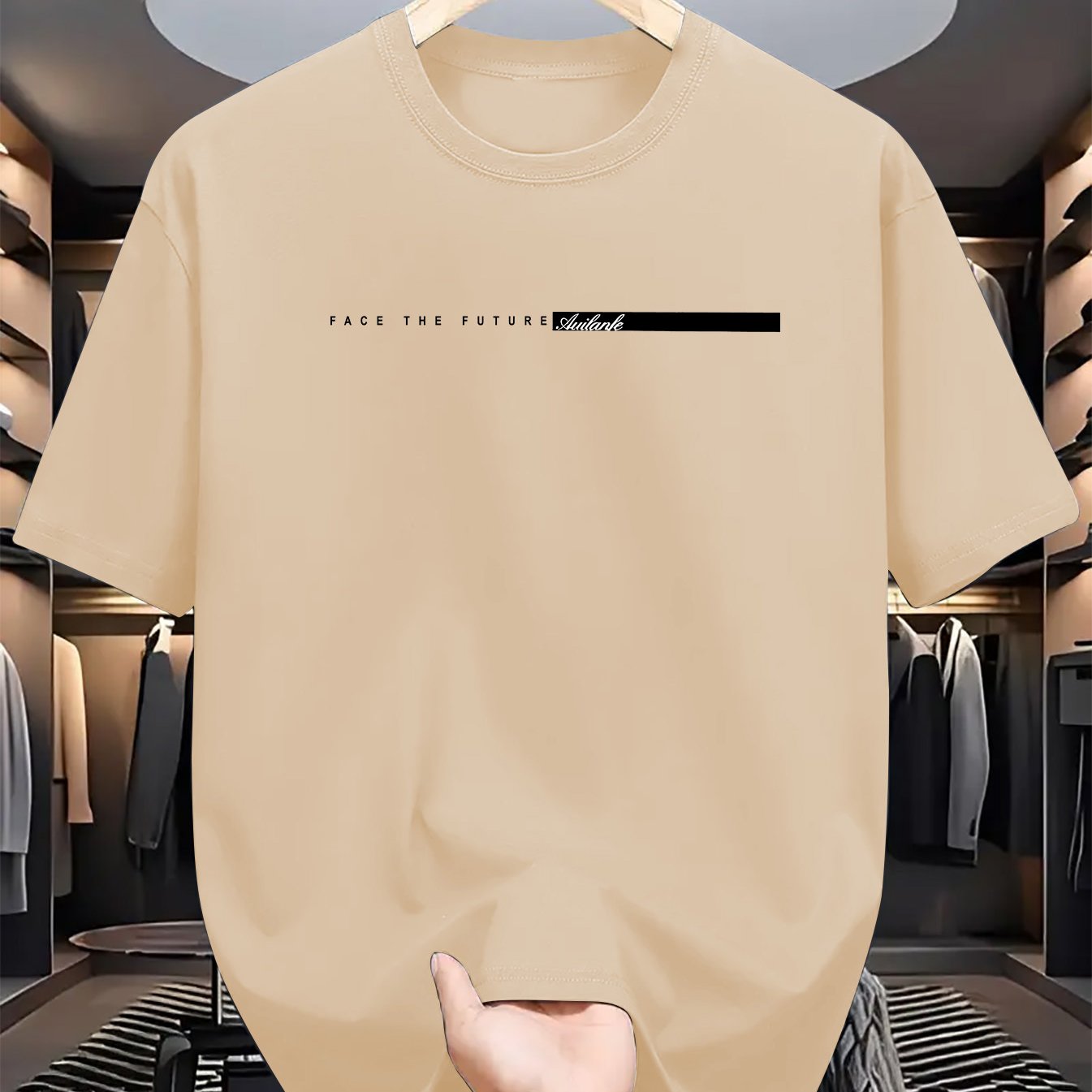 Summer men's 100% cotton casual loose fit large letter print round neck