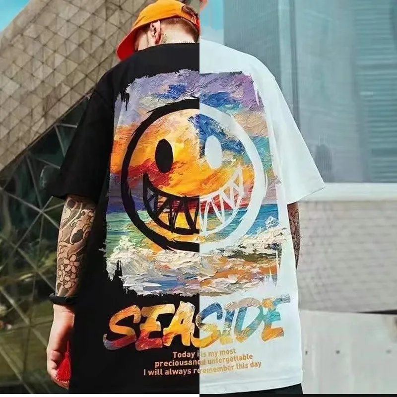 Loose Fitting Trend American Vintage Graffiti Expressi Pattern