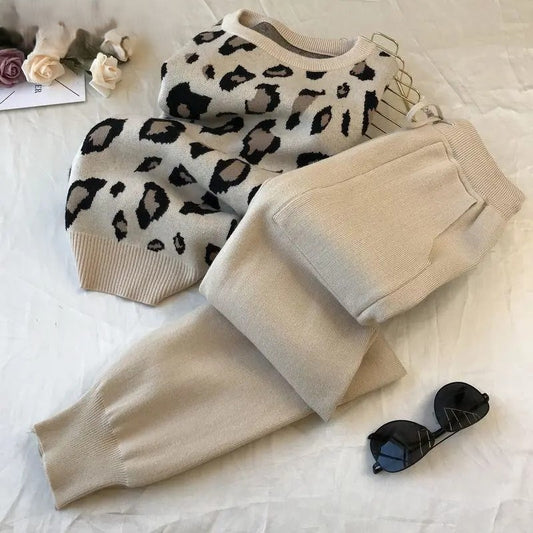 Womens Knitted 2 Piece Sets Leopard Print