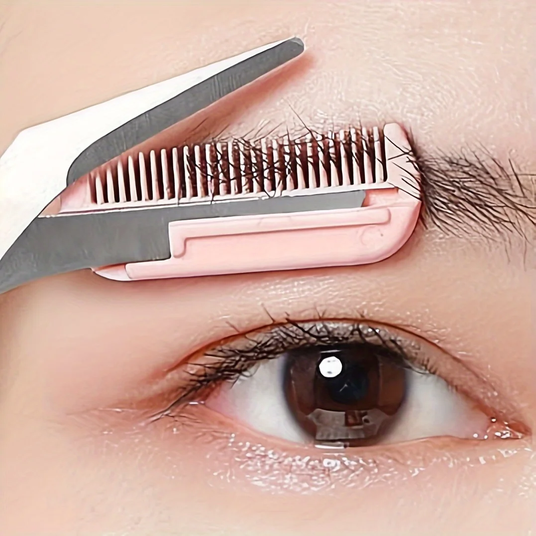 Pink eyebrow trimming scissors with built-in comb