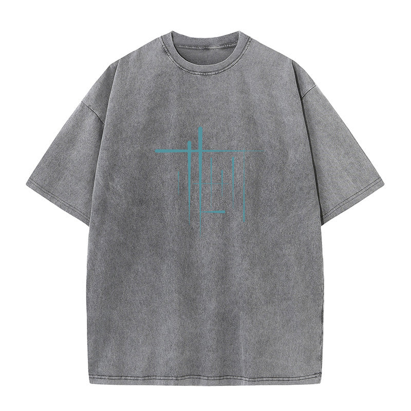 Geometric Abstract Building Round Collar Washed T Shirt