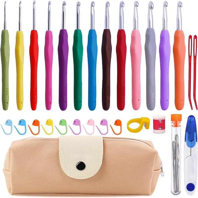 Multicolor Crochet Hooks Kit With Stitch Marker And Pencil Case For Cotton Yarn Knitting