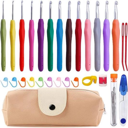 Multicolor Crochet Hooks Kit With Stitch Marker And Pencil Case For Cotton Yarn Knitting
