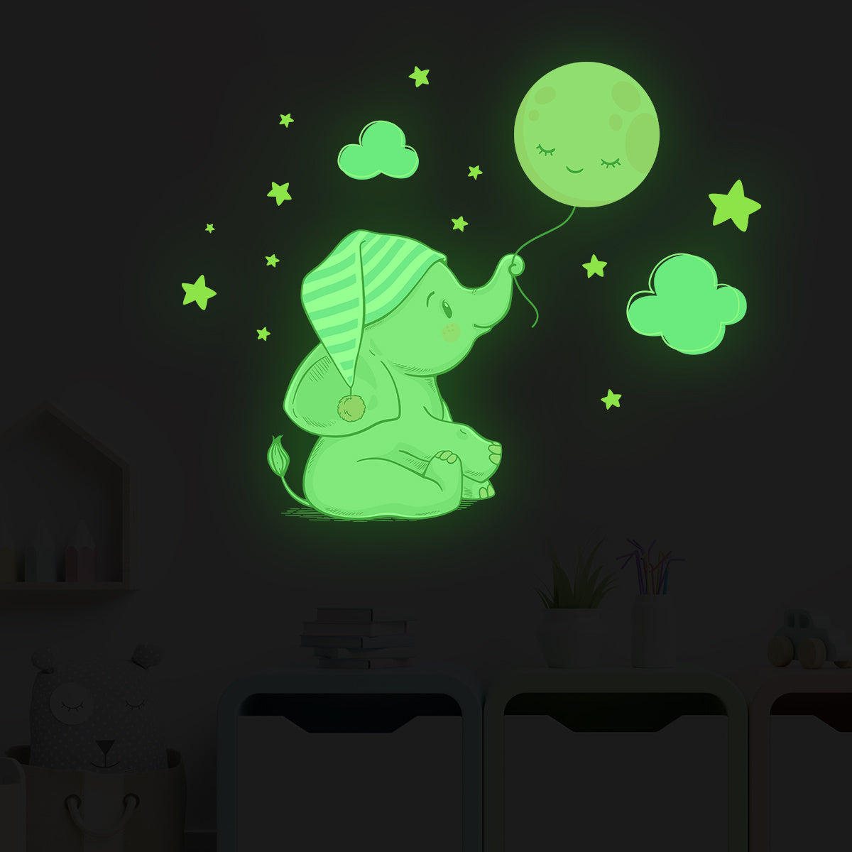 Cartoon Cute Elephant Balloon Star Animal Noctilucent Wall Stickers