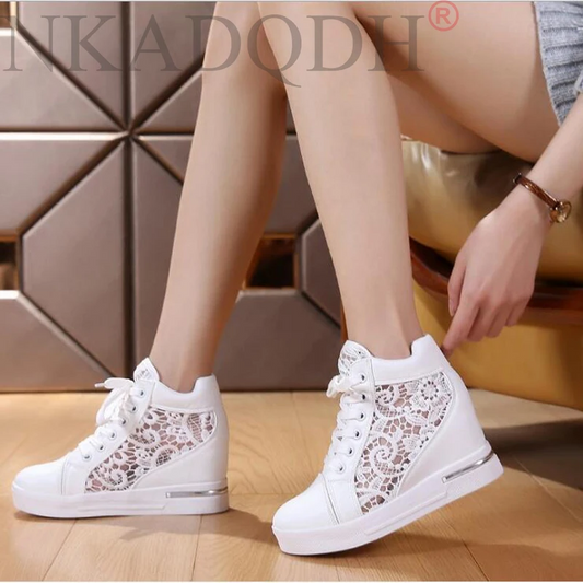 Women Wedge Platform Sneakers Rubber Brogue Leather