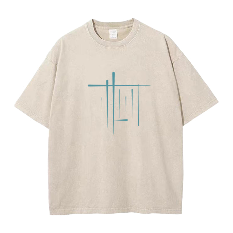 Geometric Abstract Building Round Collar Washed T Shirt