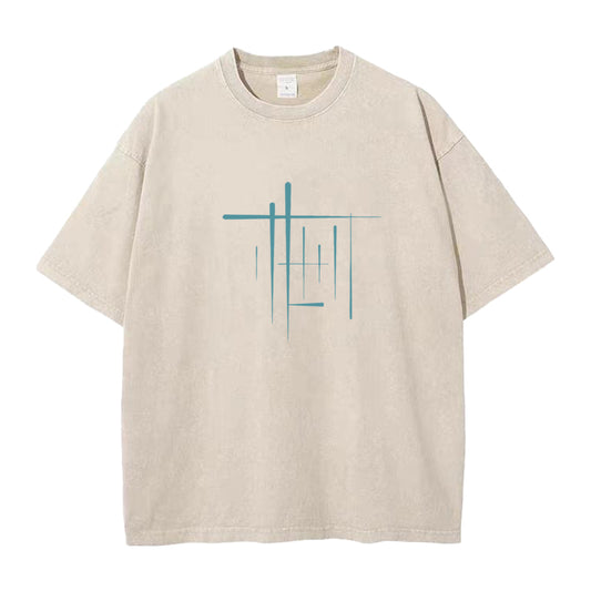 Geometric Abstract Building Round Collar Washed T Shirt