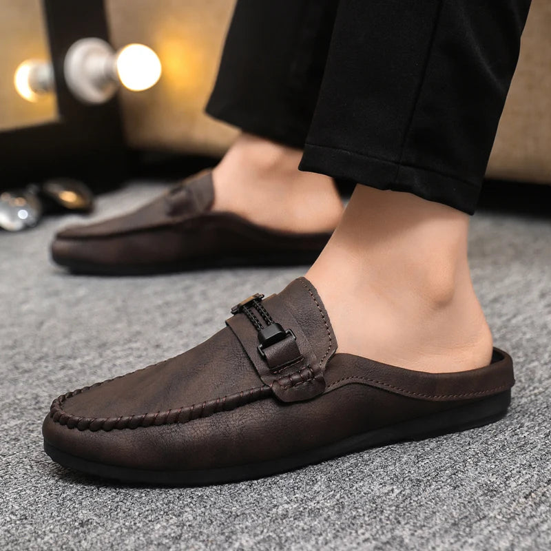 Summer Leather Men Half Slippers Breathable Mens Casual Shoes