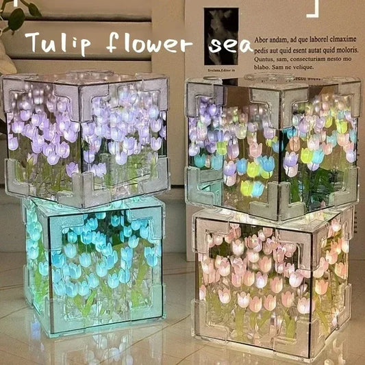 DIY Handmade Tulip Mirror Cube Lamp Simulation Flower