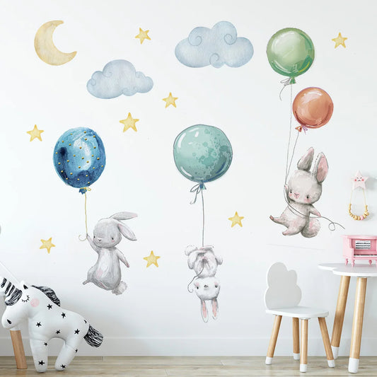 Cute Lovely Flying Rabbits Wall Stickers For Kids Balloons