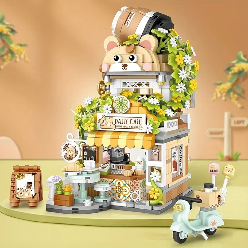 City Street View Building Blocks Cute Bear Folding Café Model