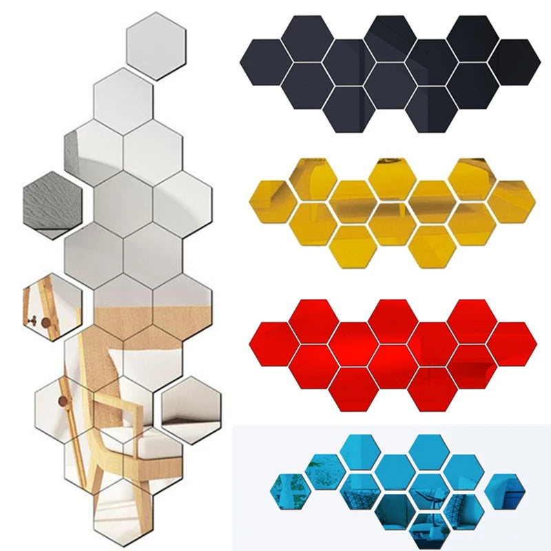 12/24Pcs 3D Hexagon Mirror Wall Stickers DIY Removable