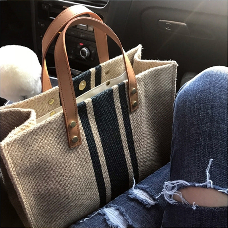 Simple Canvas Stripe Decor Bucket Handbags
