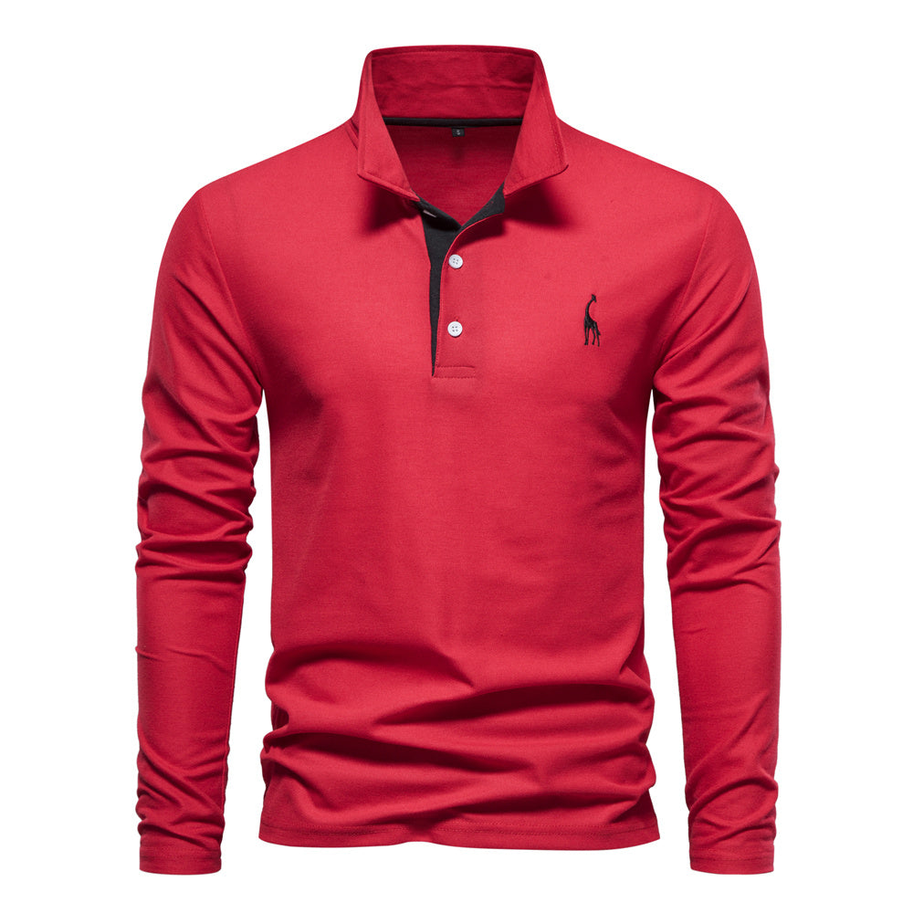 2023 New Men's Deer Embroidery Polo Shirts Solid Color Long Sleeve