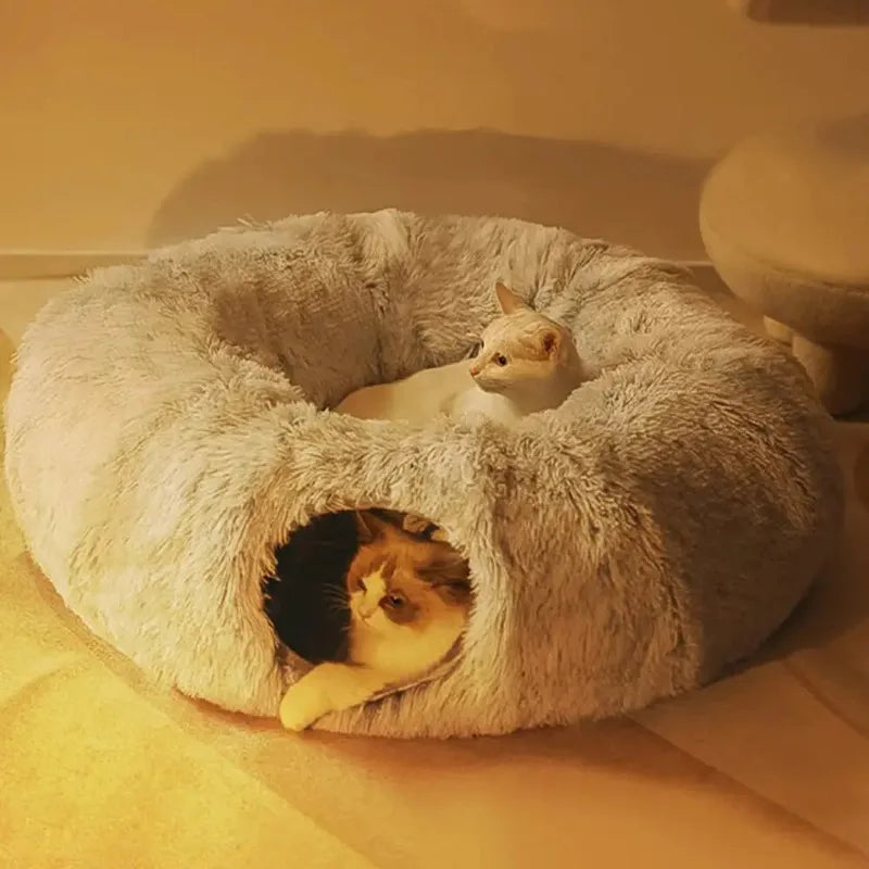 Plush Cat Bed with Tunnel for Indoor Cats Multifunctional Cat Tunnel Bed