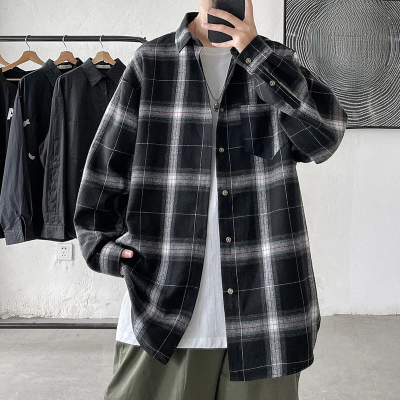 Fashionable Plaid Loose-fit Long Sleeve Casual Shirt For Men