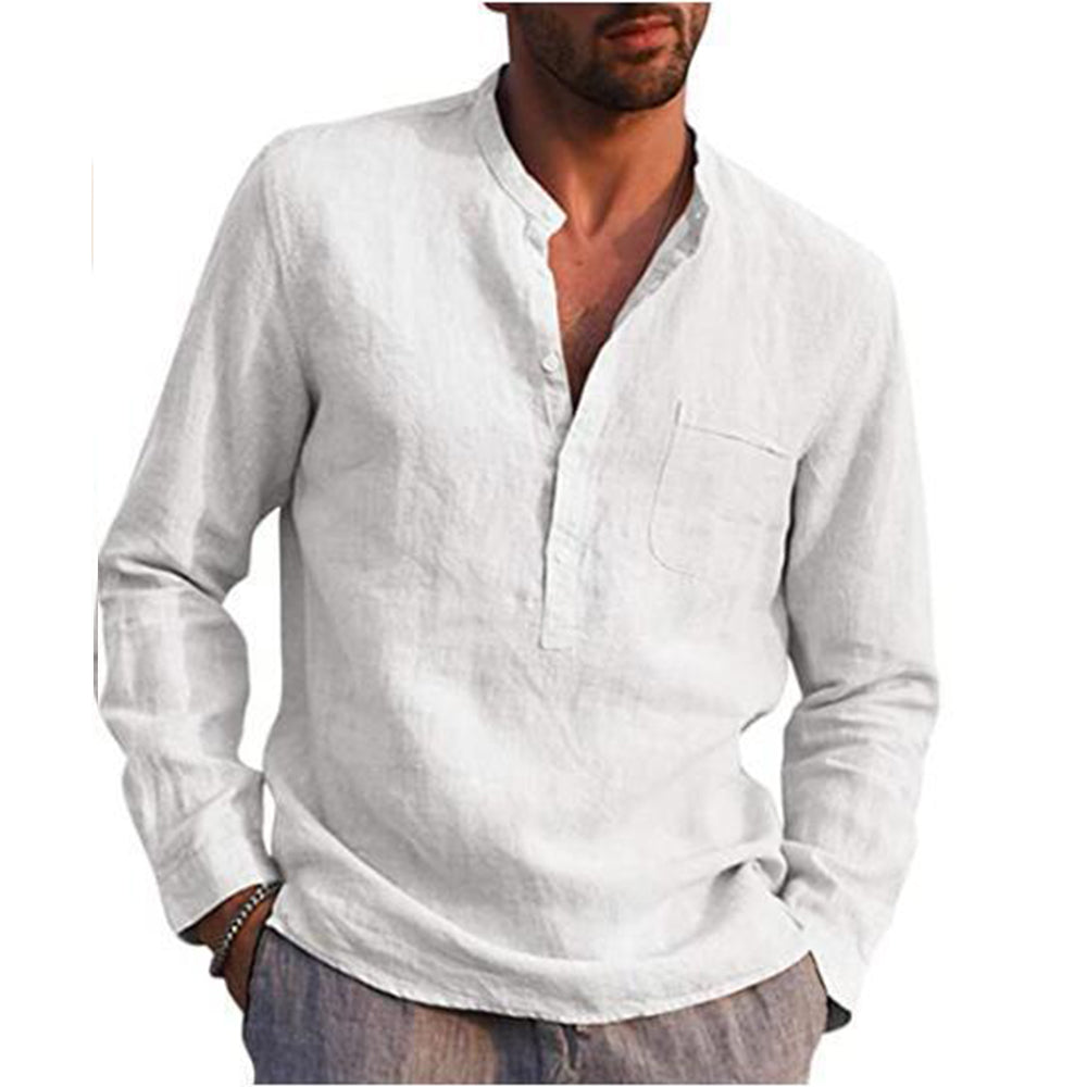 Cotton Linen Hot Sale Men's Long-Sleeved Shirts Summer Solid