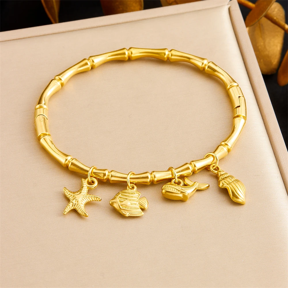 Stainless Steel Dolphin Shell Conch Pendant Bamboo Bangle For Women