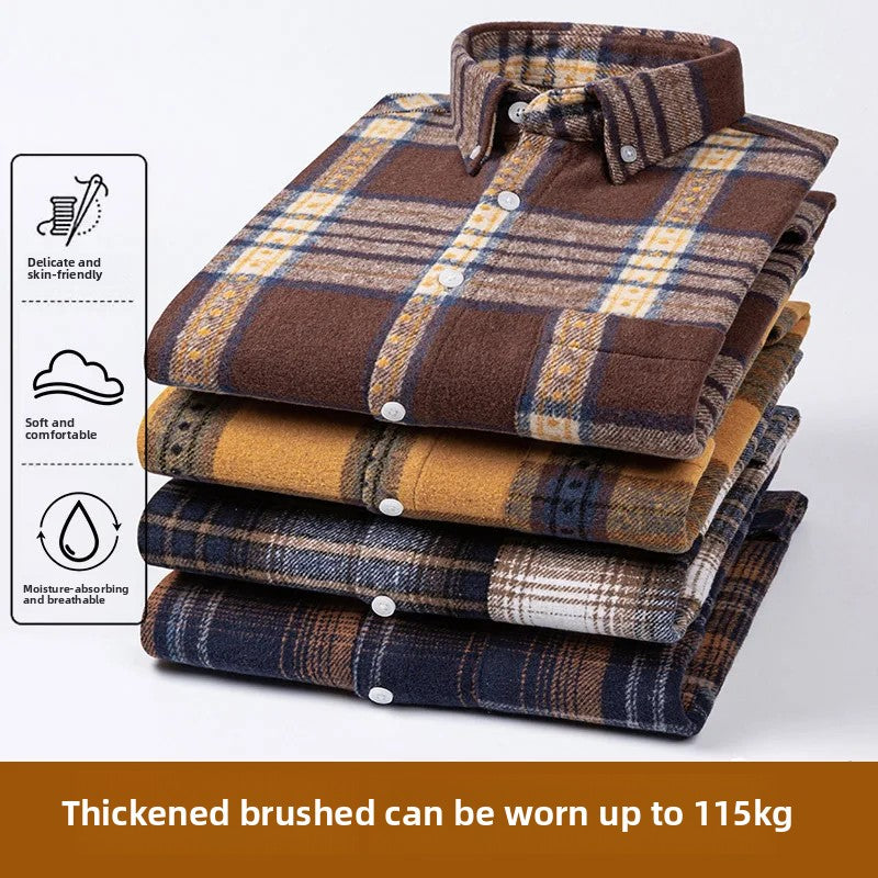 Thickened Pure Cotton Flannel Plaid Shirt Men's Long Sleeve Casual