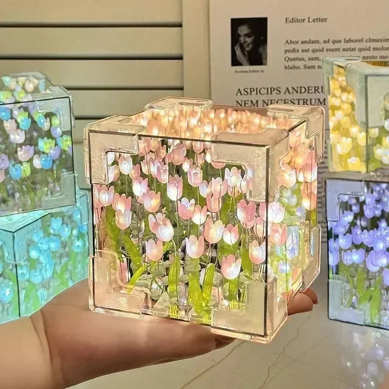 DIY Handmade Tulip Mirror Cube Lamp Simulation Flower