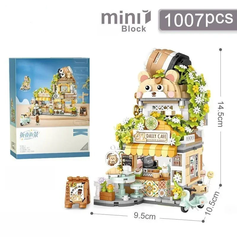 City Street View Building Blocks Cute Bear Folding Café Model
