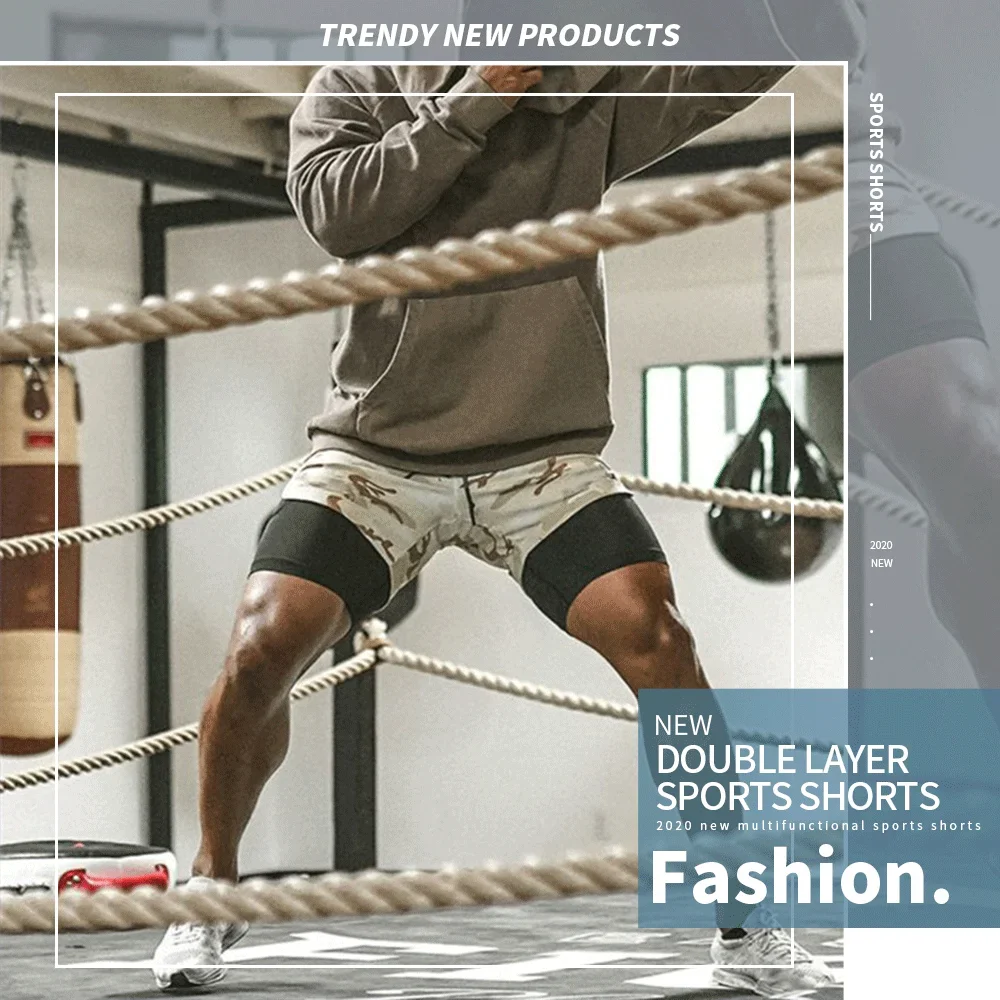 2024 Summer Men's New Fashionable Trend Leisure Gym Fitness Sports Double layer Shorts