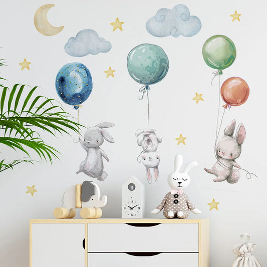 Cute Lovely Flying Rabbits Wall Stickers For Kids Balloons