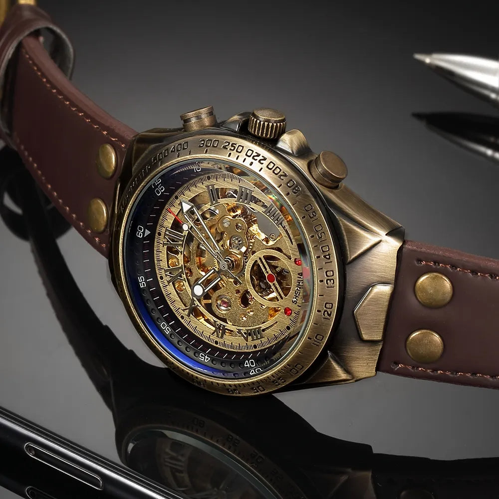 Bronze Retro Skeleton Automatic Mechanical Watch for Men