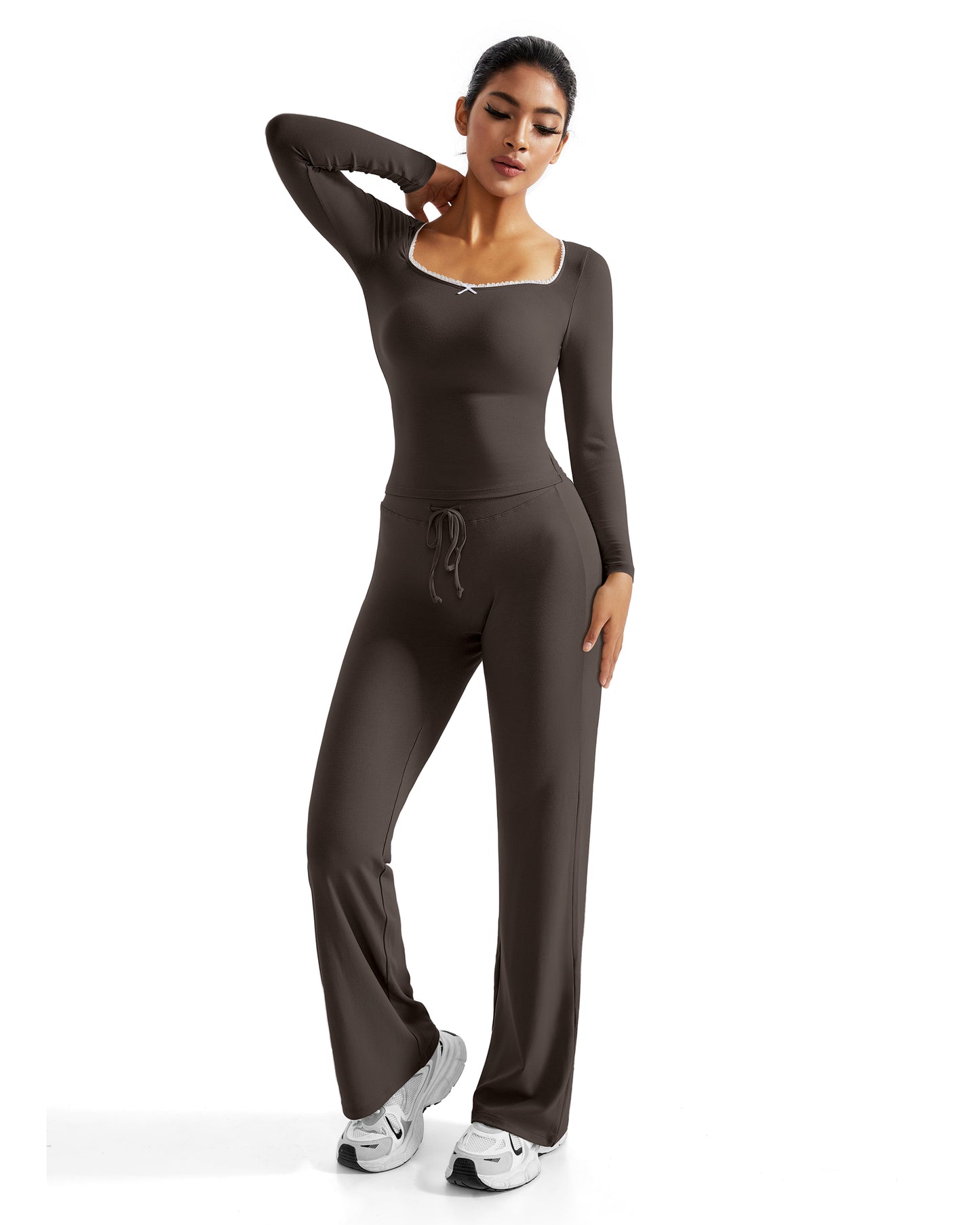 Women Casual Suits 2 Pcs Set Soft Wide Leg Pants Outfit Yoga Suits